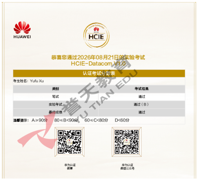 誉天教育,数通HCIE学员,2026年6月28日华为HCIE-Datacom(数通)通过考试成绩单 誉天教育,数通HCIE学员,2026年6月28日华为HCIE-Datacom(数通)通过考试成绩单